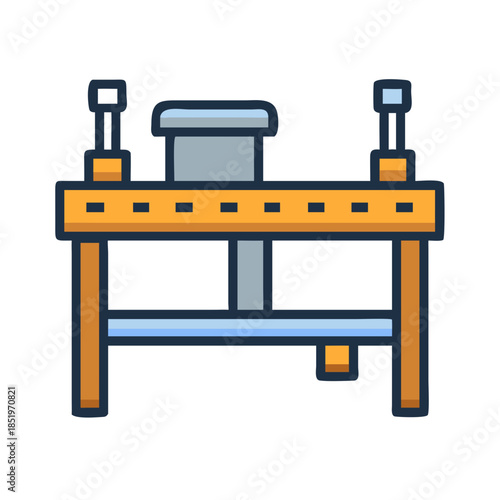 Illustration of a wooden structure with a metal press
