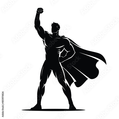 A triumphant superhero silhouette celebrates victory with a raised fist