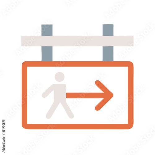 Illustrated exit sign with walking figure and arrow design