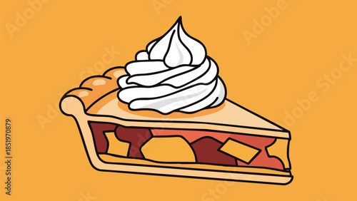 A slice of pie with whipped cream on top against an orange background, flat illustration style.
