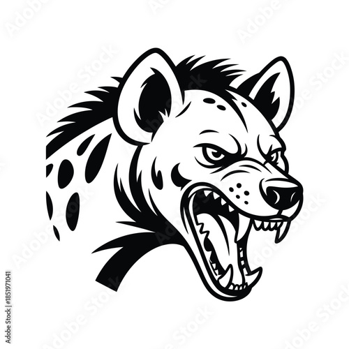 A fierce hyena head illustration in black and white showcasing its powerful jaws