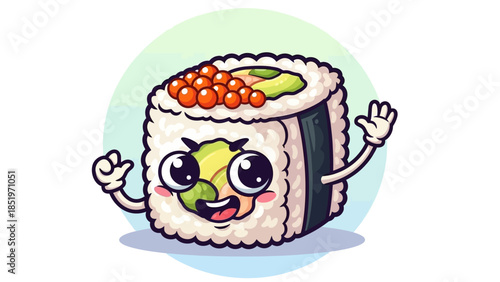 Cartoon Sushi Roll Character with Cheerful Expression and Waving Arms.