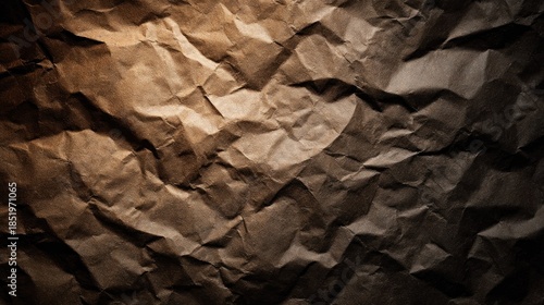Dramatic close up of dark brown crumpled paper surface texture with spotlight effect