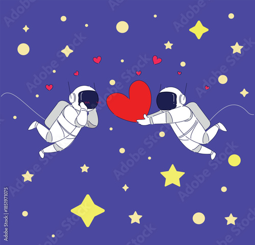 Playful Space Explorers With Tethered Hands Enjoy Affectionate Moments In Enchanting Purple Starfield