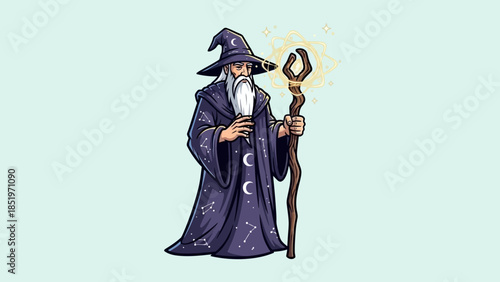 Illustration of a Wizard with Staff and Pointed Hat.