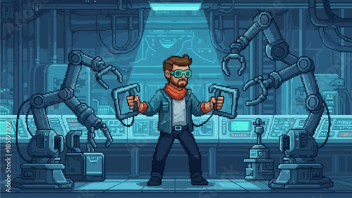 Immersive pixel art illustration of a skilled engineer operating advanced robotic arms with haptic controllers in a high-tech research facility, embodying automation and future technology development