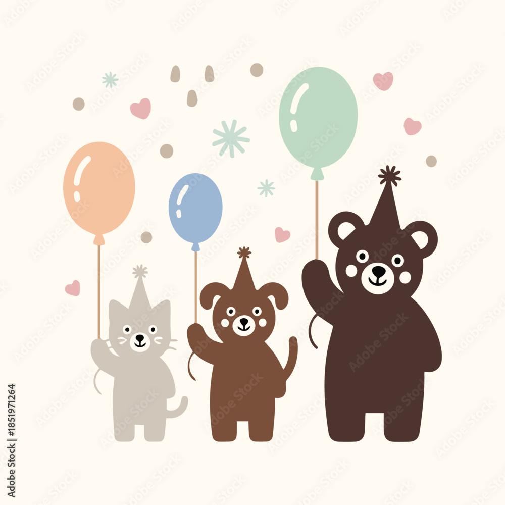 Naklejka premium Cute Bear Cat Dog Birthday Party Vector Illustration.