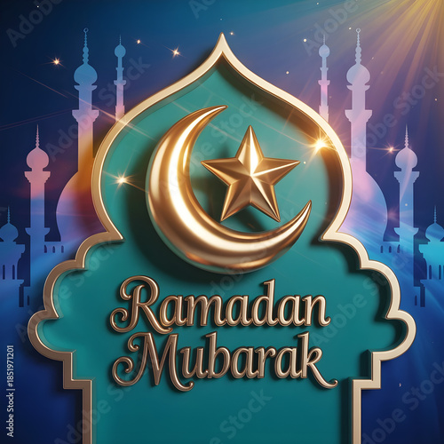 Ramadan Mubarak Mosque with Crescent and Calligraphy