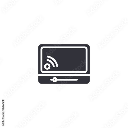 Wireless live streaming icon with signal waves on monitor, suitable for online transmission, real-time video, and network broadcasting.