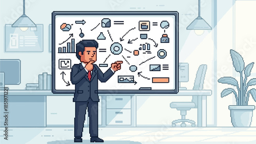 Professional businessman in pixel art style explaining complex strategic concepts and data analysis on a whiteboard in an office setting, illustrating business planning and problem-solving techniques