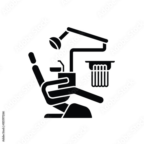 Simple black silhouette icon of a dental chair and equipment