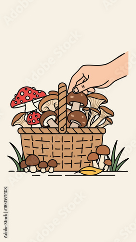 A hand picking mushrooms from a wicker basket filled with various mushrooms on a beige background with grass and leaves.