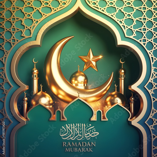 Ramadan Mubarak Greeting with Mosque and Golden Crescent
