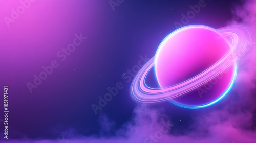 Crystalline pink planet with cyan glowing rings in space scene