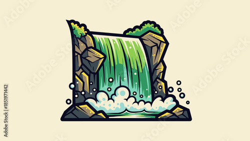 Cartoon Waterfall Scene with Rocks and Lush Greenery.