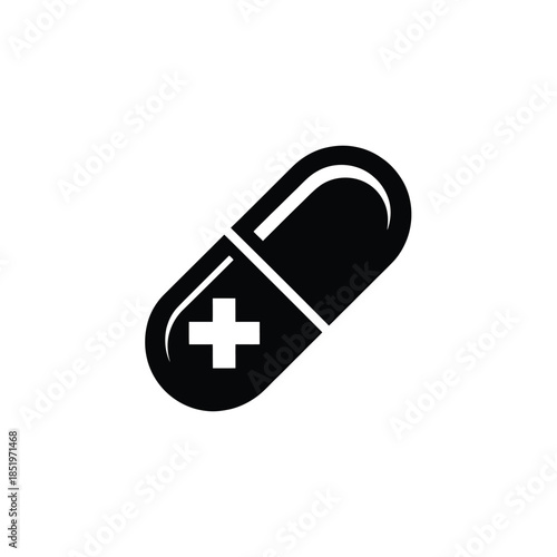 Simple black and white illustration of a medical capsule with a cross