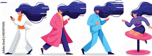 Cartoon characters, flowing hair, dynamic motion, stylish outfits, jogging illustration, walking design, seated character, trendy fashion, modern art, creative avatars