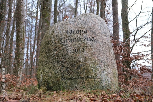 Photography Memorial stone with the inscription Border Road and the year 2012 and the logo