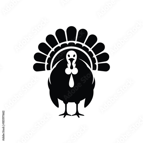A simple black and white illustration of a turkey facing forward