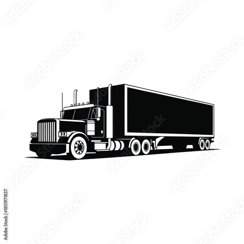 A black and white illustration of a large semi truck on a white background