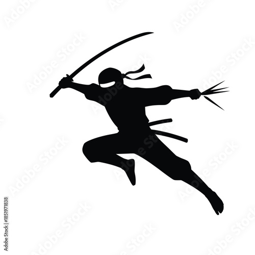 A dynamic silhouette of a ninja mid air with swords drawn