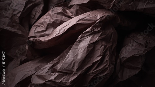 Deep shadows emphasize the texture of crumpled dark brown paper material