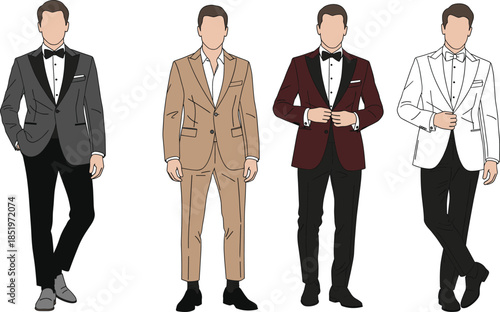 Men’s formal suits, tuxedo styles, fashion illustration, stylish attire, wedding outfit, party wear, elegant clothing, modern design, character art, trendy fashion