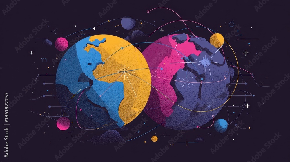 Fototapeta premium Global network communication side view flat design cartoon drawing Triadic Color Scheme.