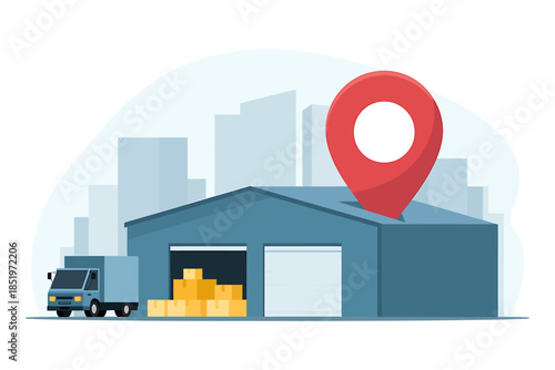 Warehouse with truck and location pin in cityscape