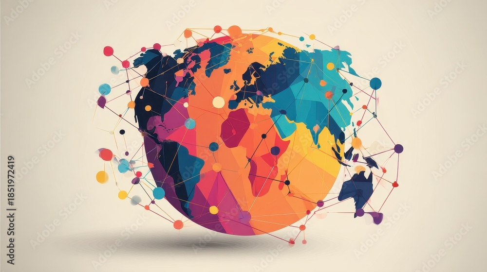 Fototapeta premium Global network communication side view flat design cartoon drawing Triadic Color Scheme.