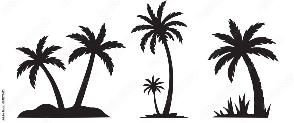 Fototapeta premium A simple black silhouette depicts four varying sized palm trees with lush foliage against a white background