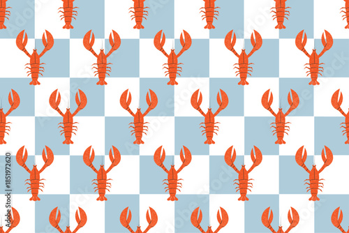 Dynamic seamless lobster pattern with diagonal composition. A fresh vector design suitable for seafood branding, packaging, fabric prints, and decorative culinary backgrounds.