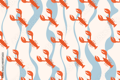 Seamless repeating lobster vector pattern in a clean grid layout. Ideal for food packaging, restaurant menus, textile prints, and modern seafood-themed backgrounds.