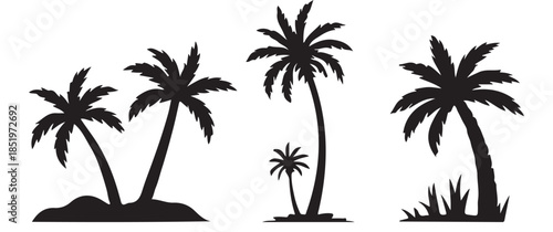 A simple black silhouette depicts four varying sized palm trees with lush foliage against a white background