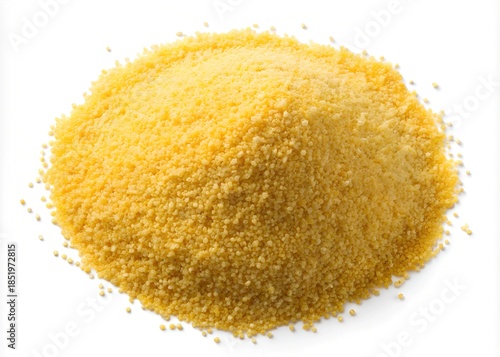 A heap of golden couscous granules on a white background isolated on white background