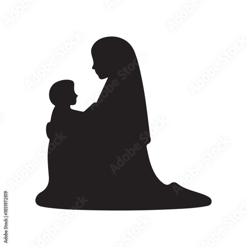 A silhouette of a mother tenderly holding her young child in a loving and protective embrace