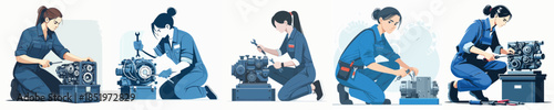 Mechanic Woman Repairing Machine Vector Illustration