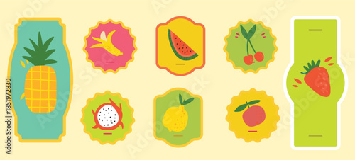 Flat fruits and berries label. Healthy fresh food, natural vitamin diet, sweet organic ingredient. , banana and strawberry, cherry and lemon. Vector set