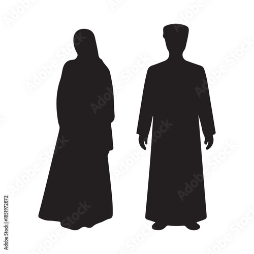 A striking silhouette depicts a man and a woman standing side by side both traditionally dressed in islamic attire