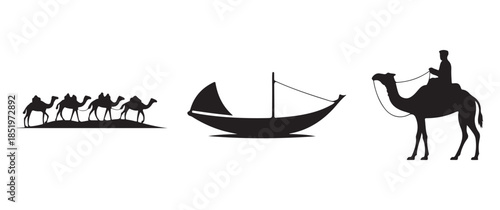 a silhouetted depiction of a camel caravan a traditional sailing boat and a lone rider on a camel