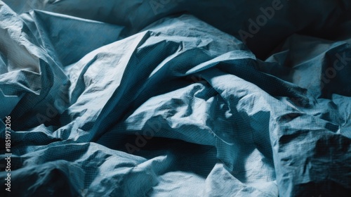 Deeply shadowed rumpled fabric displays texture under dramatic cool lighting.