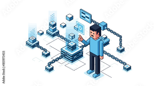 Blockchain technology concept illustration with interconnected blocks and a human figure interacting with the network