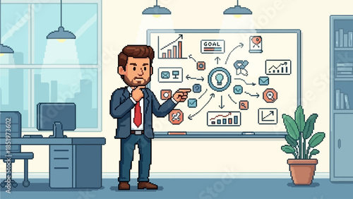 Professional businessman presenting innovative business concepts and strategic solutions on a comprehensive whiteboard in a modern office, illustrating growth plans and idea generation