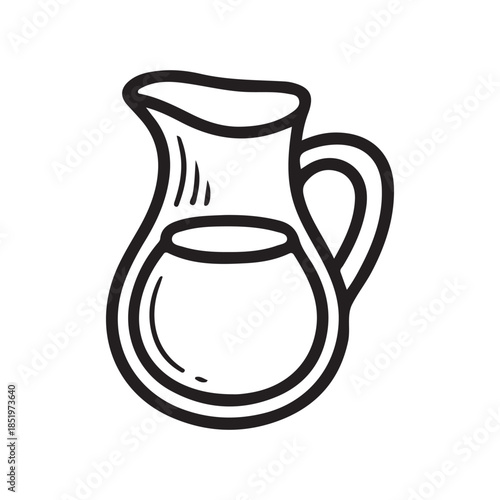 A simple black and white doodle of a classic pitcher with a curved handle and spout is shown