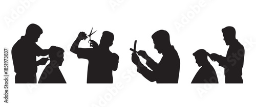 a series of silhouettes depicting a barber shop scene with a customer getting a haircut and styling