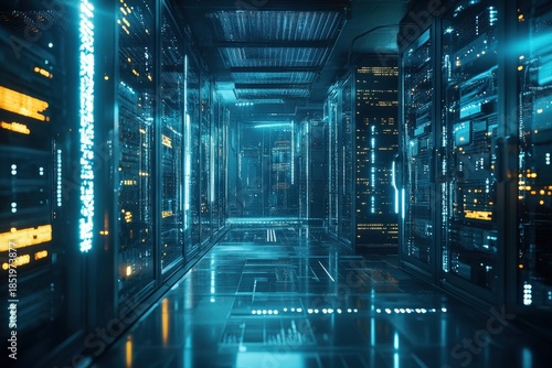 Futuristic datacenter hallway with blue neon glow and rows of server racks in a high tech facility