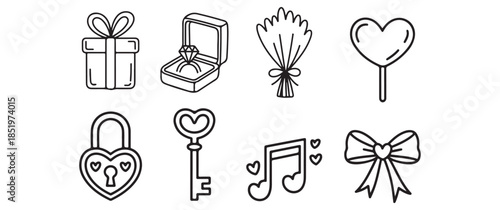 A collection of romantic symbols including gifts jewelry a lock and musical notes all in a simple line art style