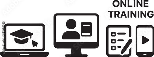 PrintOnline training and e-learning concept, digital education icons on yellow background vector illustration