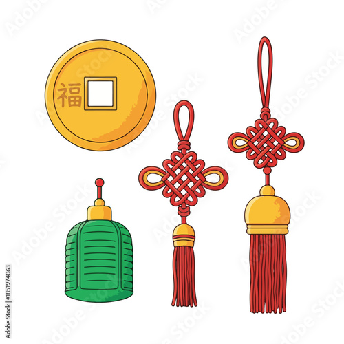 A vibrant illustration of a Chinese coin, two red tassel ornaments, and a green lantern on a clean white background, featuring traditional ai icon set vektor elements.