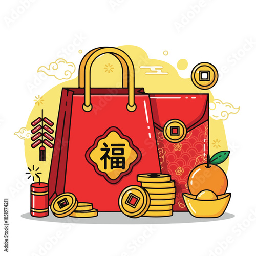 Illustration of red shopping bags with Chinese New Year 2026 icons including coins, fireworks, and oranges on a white background with a festive mood.